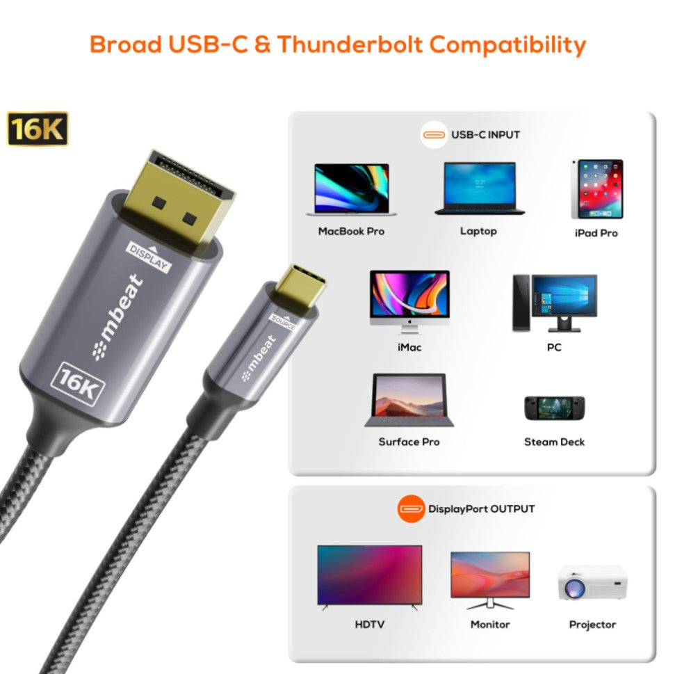 mbeat® Tough Link 1.8m 16K USB-C to DP Cable - Space Grey 40Gbps USB-C (male) to DisplayPort 2.1 (male) - Image 3