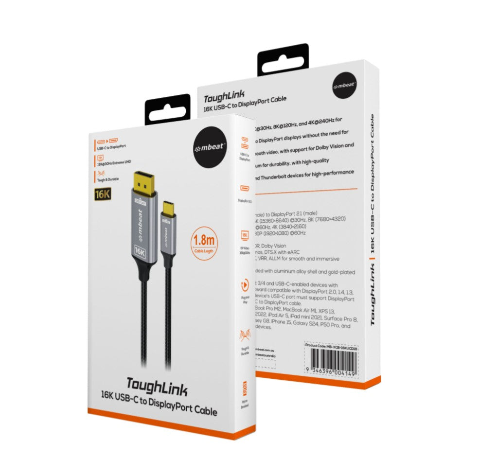 mbeat® Tough Link 1.8m 16K USB-C to DP Cable - Space Grey 40Gbps USB-C (male) to DisplayPort 2.1 (male) - Image 4