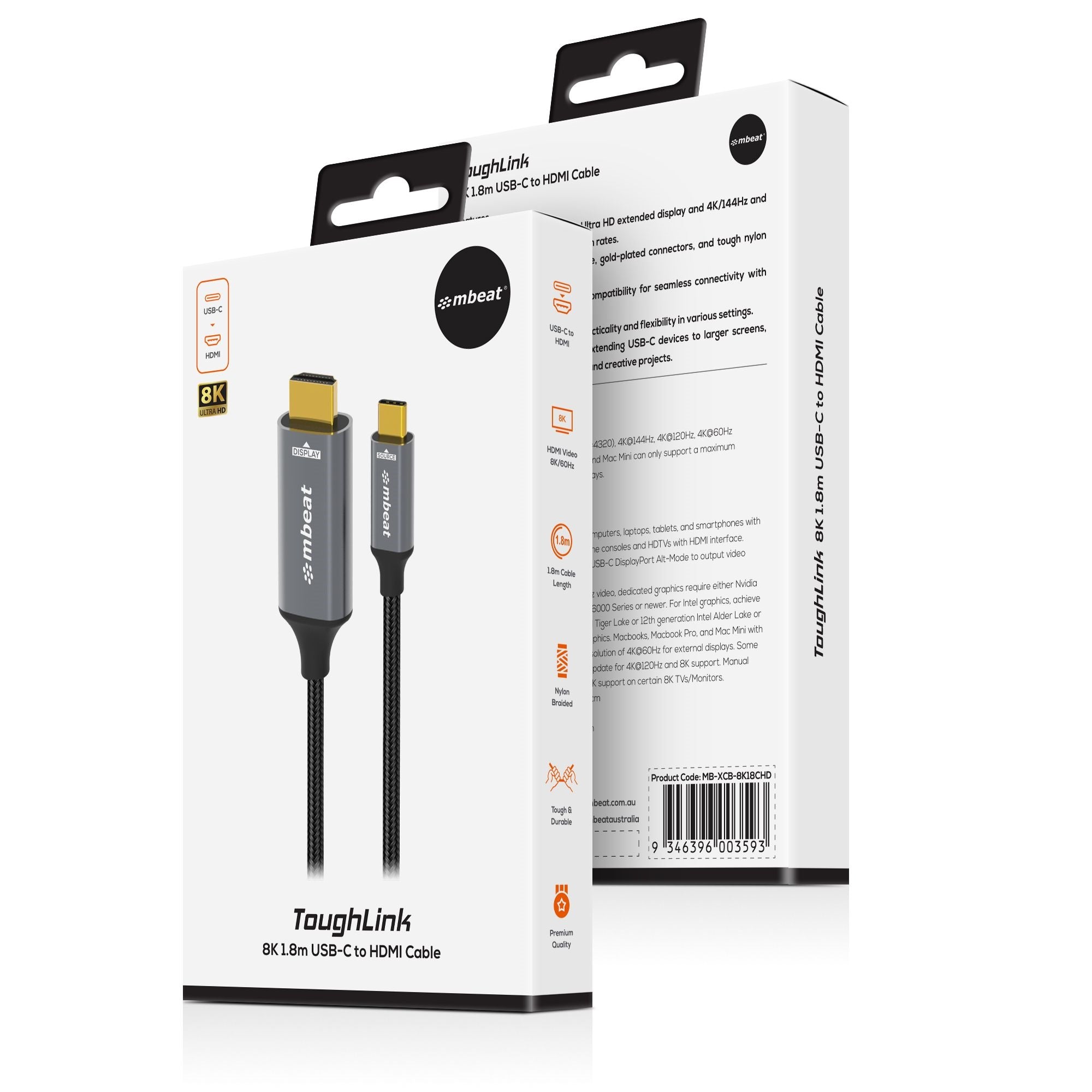 mbeat® Tough Link 8K 1.8m USB-C to HDMI Cable  Host Interface: USB-C Output Interface: HDMI USBC-C HDMI  Package Weight: 101.3g - Image 4