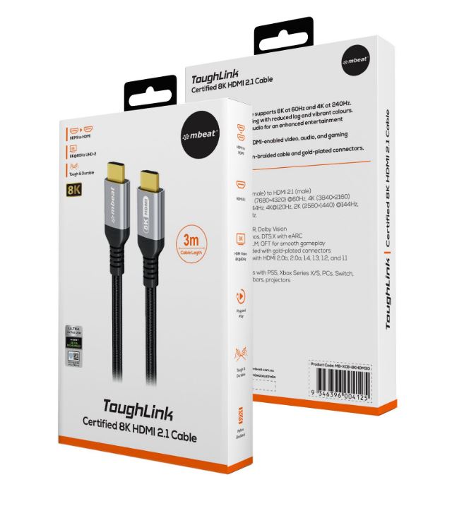 mbeat® Tough Link 3m Certified 8K HDMI Cable - Space Grey HDMI 2.1 (male) to HDMI 2.1 (male) 48Gbps 51g - Image 4
