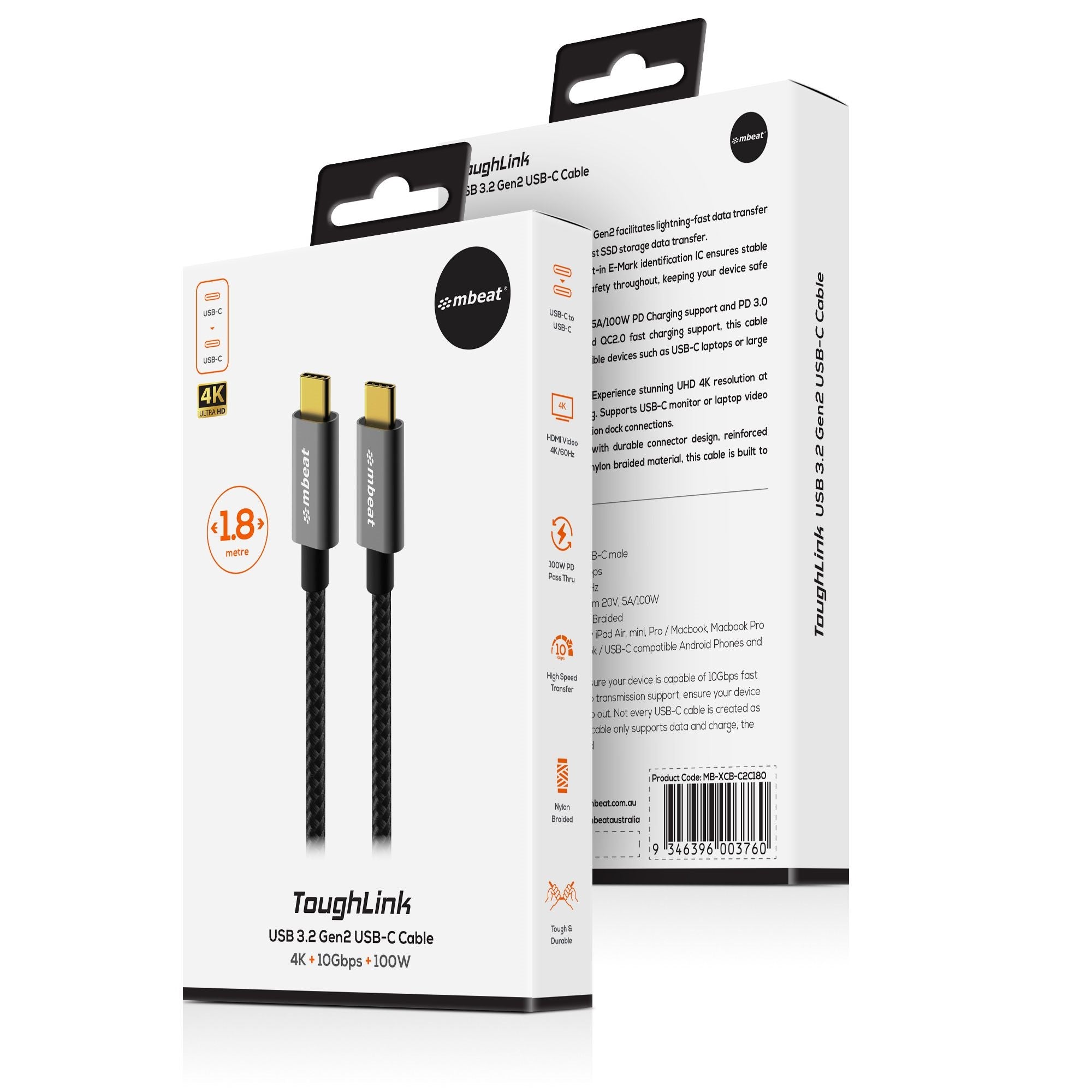 mbeat® Tough Link 1.8m USB 3.2 Gen2 USB-C Cable - Space Grey transfer at speeds up to 10Gbps Video Resolution: Maximum 4K/60Hz - Image 4