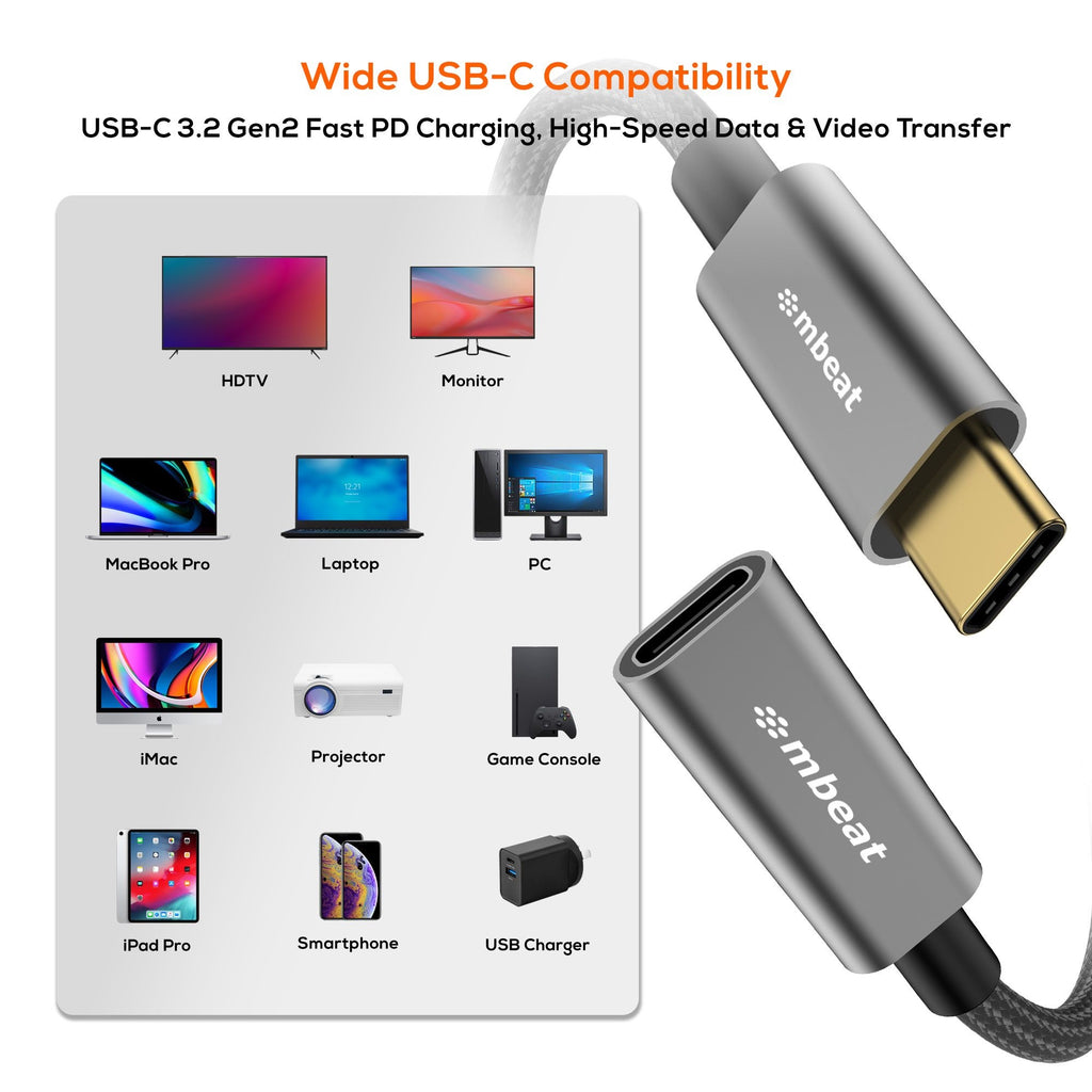 mbeat® Tough Link 1m USB 3.2 Gen2 USB-C Extension Cable - Space Grey Video Resolution: Maximum 4K/60Hz Material: Aluminium Housing, Nylon Braided - Image 3