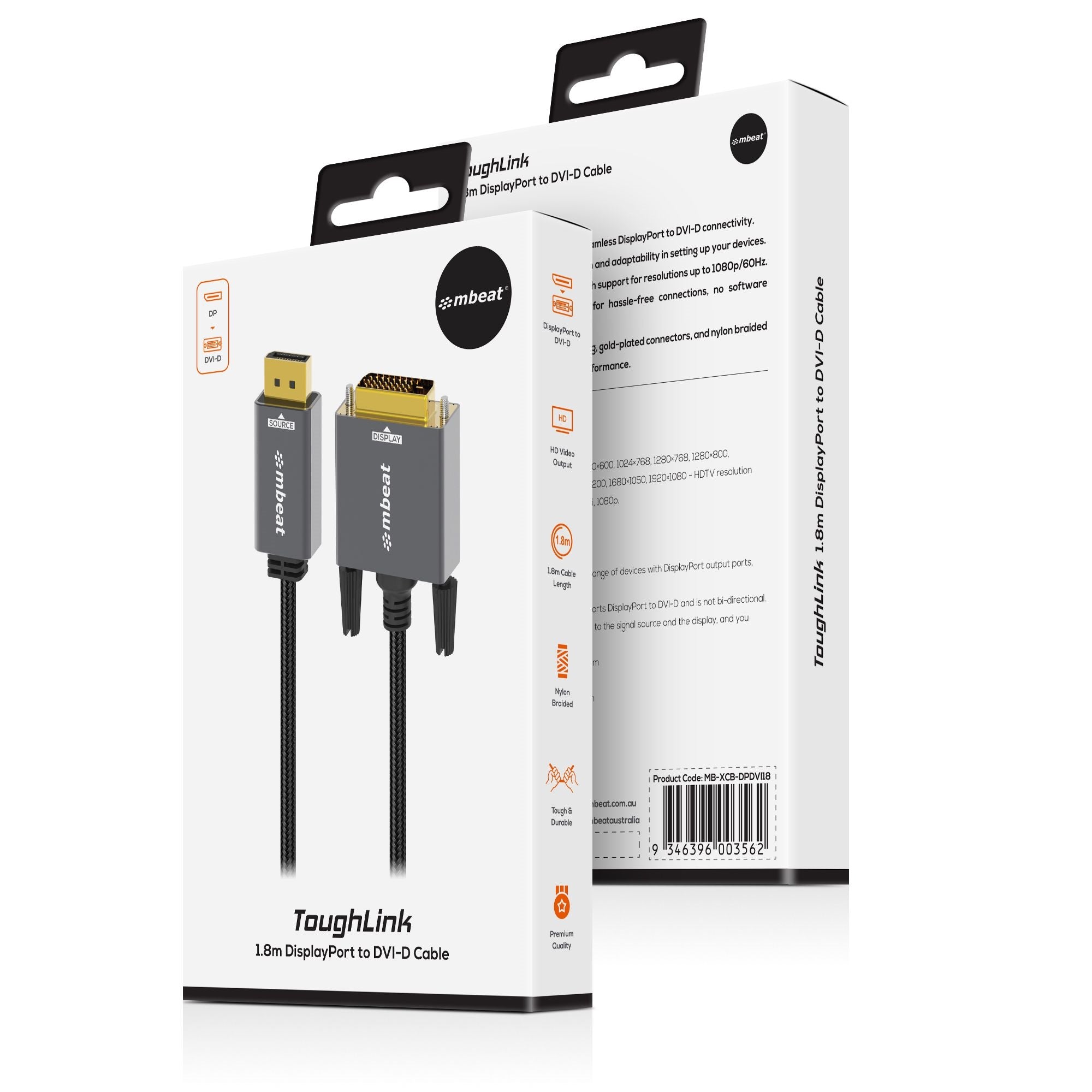 mbeat® Tough Link 1.8m DisplayPort to DVI-D Cable Effortless plug and play Resolutions up to 1080p/60Hz (1920×1080) Package Weight: 164g - Image 4