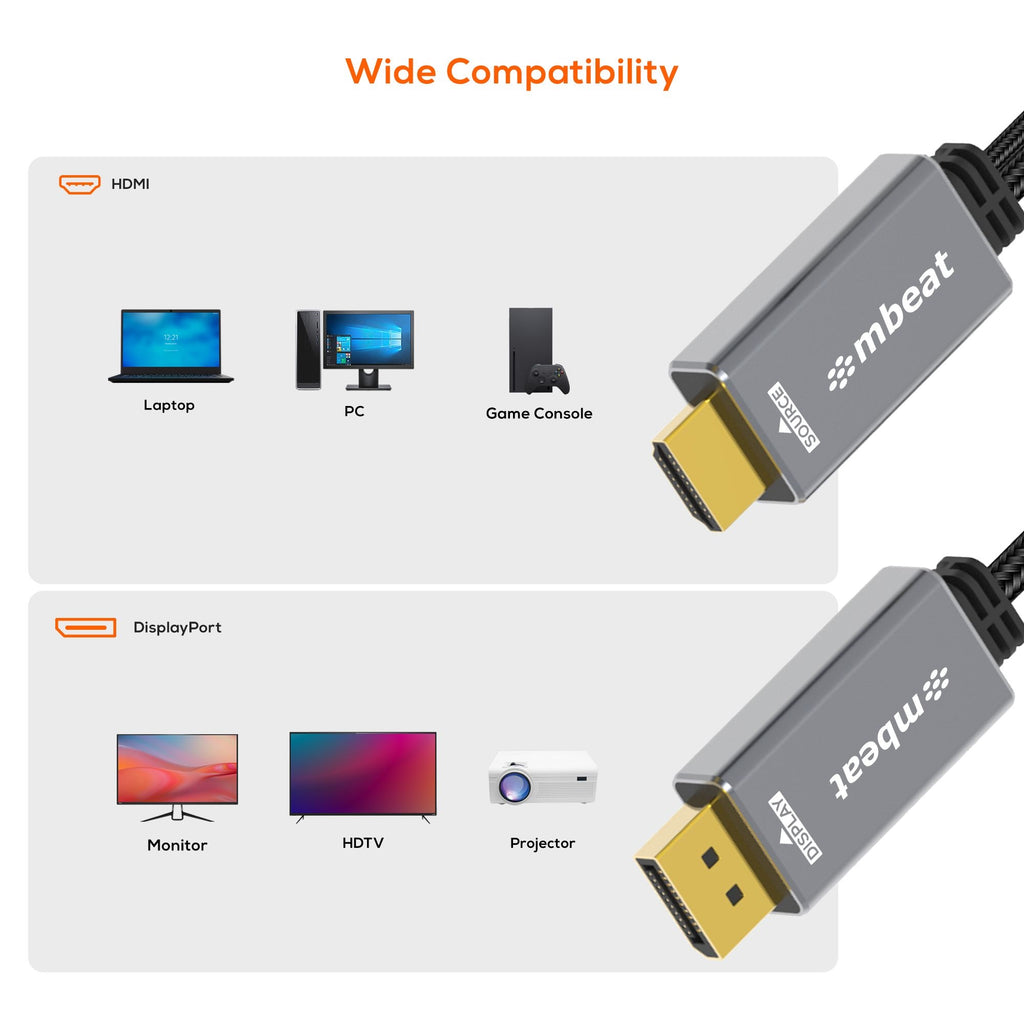 mbeat® Tough Link 1.8m HDMI to DisplayPort Cable with USB Power  4K@60Hz (3840×2160), 1440p@120Hz, 1080p@120Hz Package Weight: 150g - Image 3