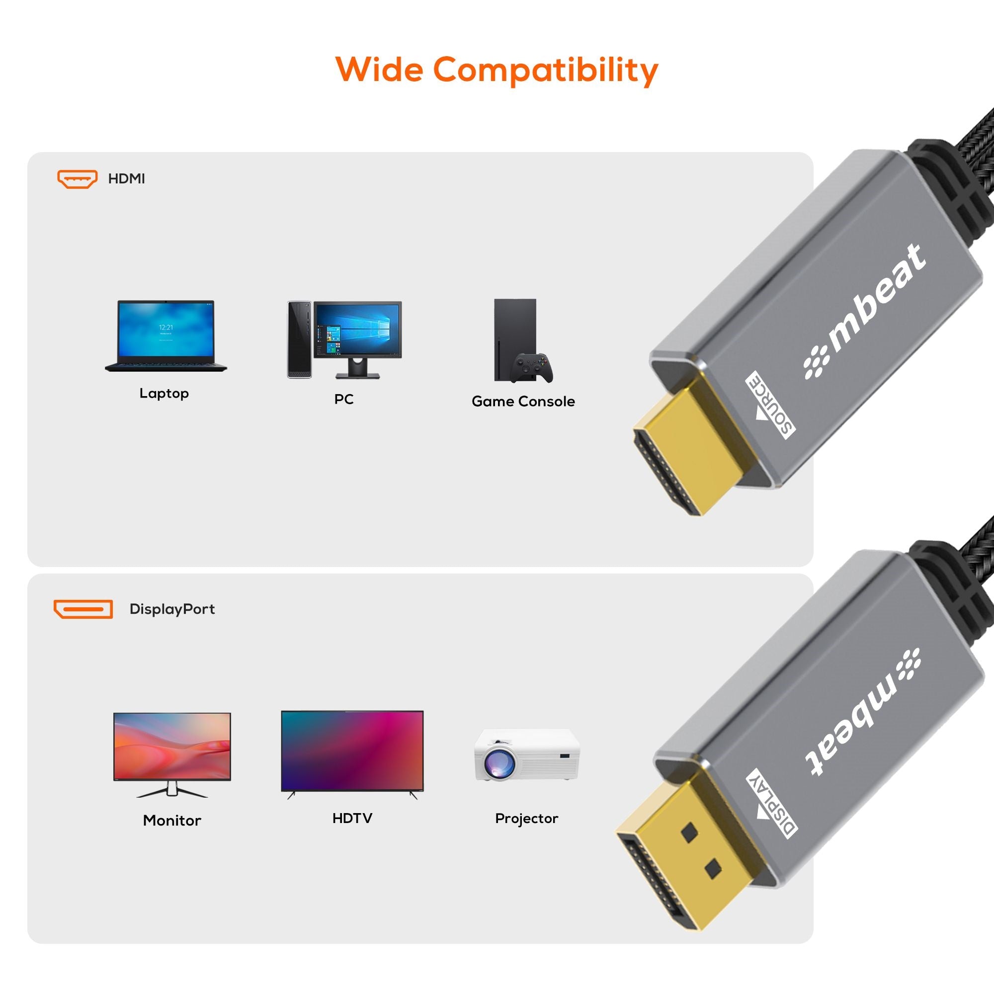 mbeat® Tough Link 1.8m HDMI to DisplayPort Cable with USB Power  4K@60Hz (3840×2160), 1440p@120Hz, 1080p@120Hz Package Weight: 150g - Image 3