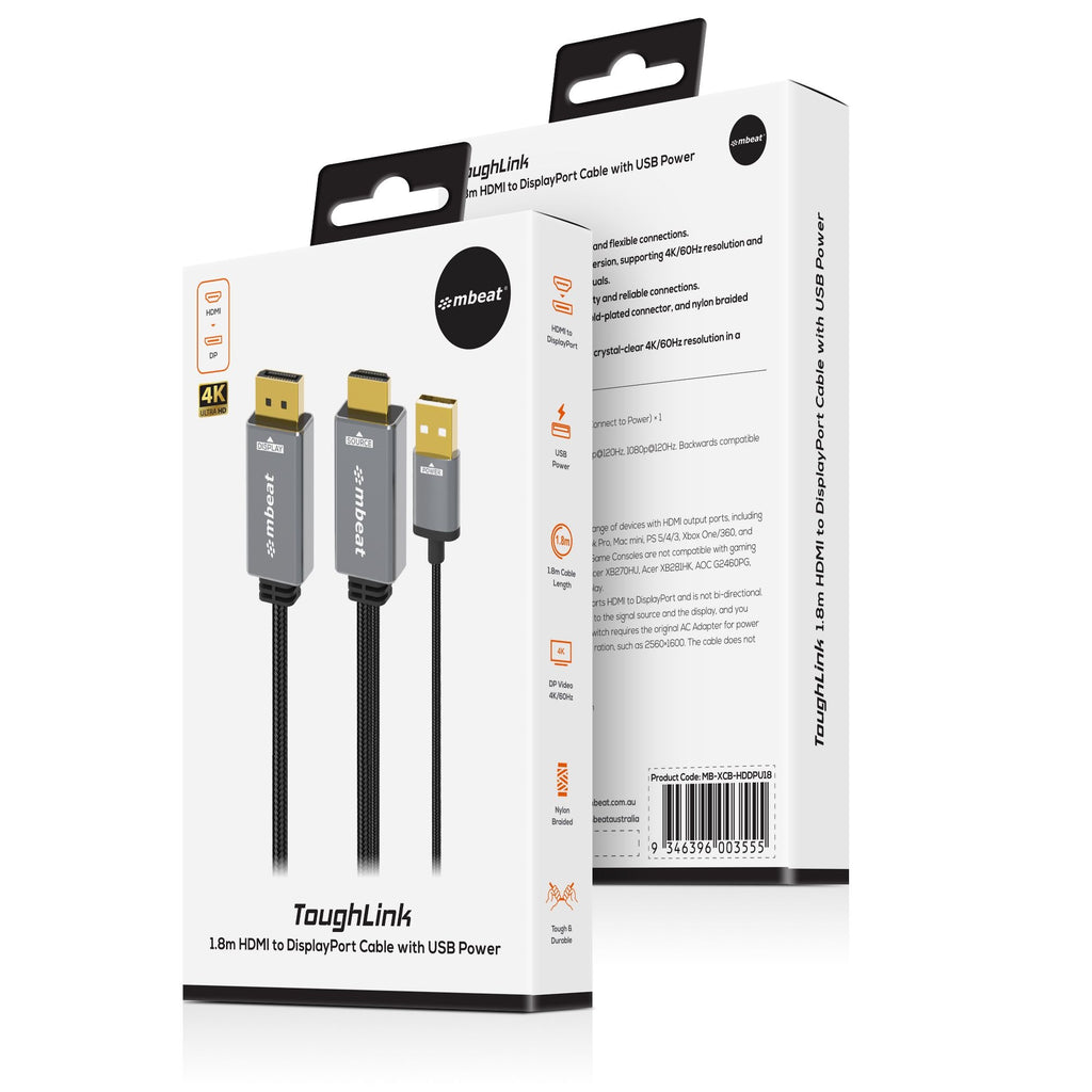 mbeat® Tough Link 1.8m HDMI to DisplayPort Cable with USB Power  4K@60Hz (3840×2160), 1440p@120Hz, 1080p@120Hz Package Weight: 150g - Image 4