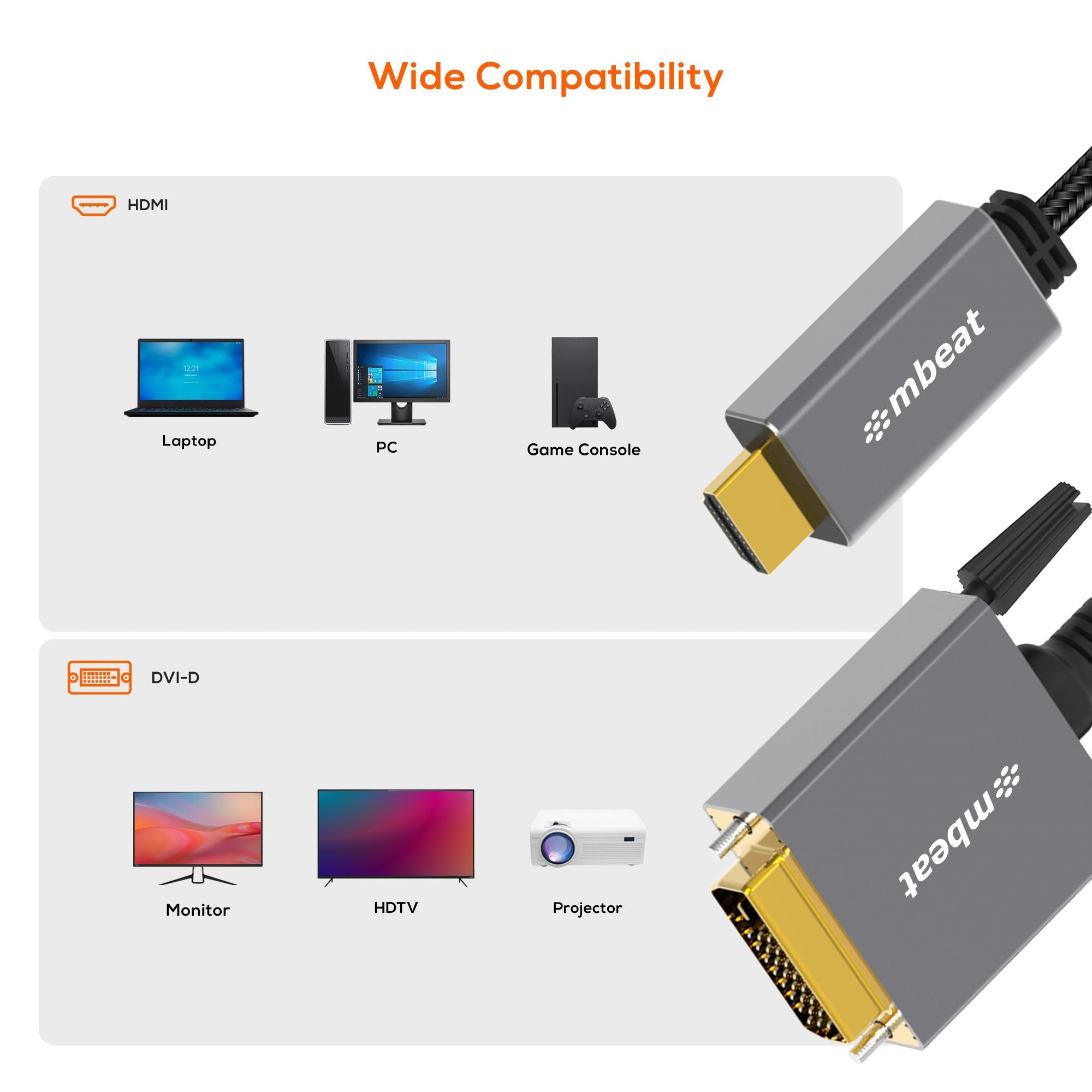 (LS) mbeat® Tough Link 1.8m HDMI to DVI Cable  Up to 1080p@60Hz (1920×1080)  Cable Length: 1.8m Package Weight: 163g - Image 3