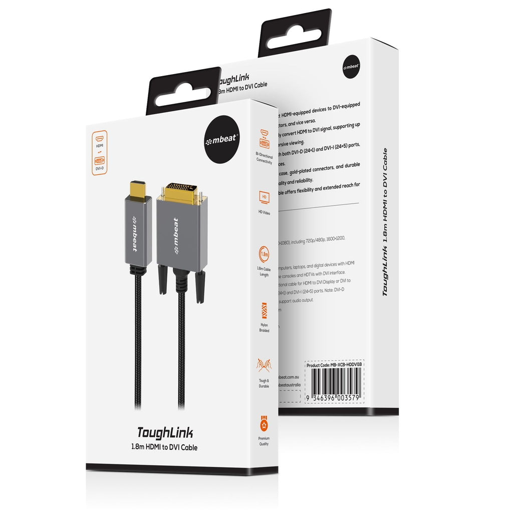 (LS) mbeat® Tough Link 1.8m HDMI to DVI Cable  Up to 1080p@60Hz (1920×1080)  Cable Length: 1.8m Package Weight: 163g - Image 4