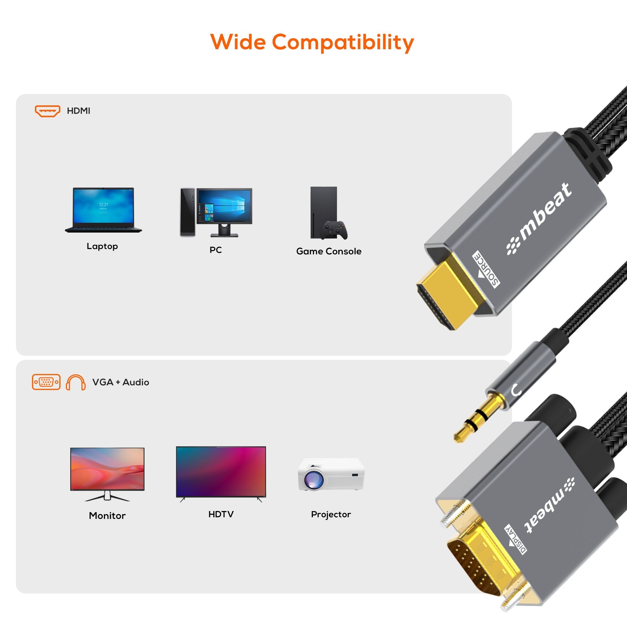 (LS) mbeat® Tough Link 1.8m HDMI to VGA Cable with USB Power & 3.5mm Audio Up to 1080p@60Hz (1920×1080) HDMI (Male)×1; USB-A (Connect to Power)×1 - Image 3