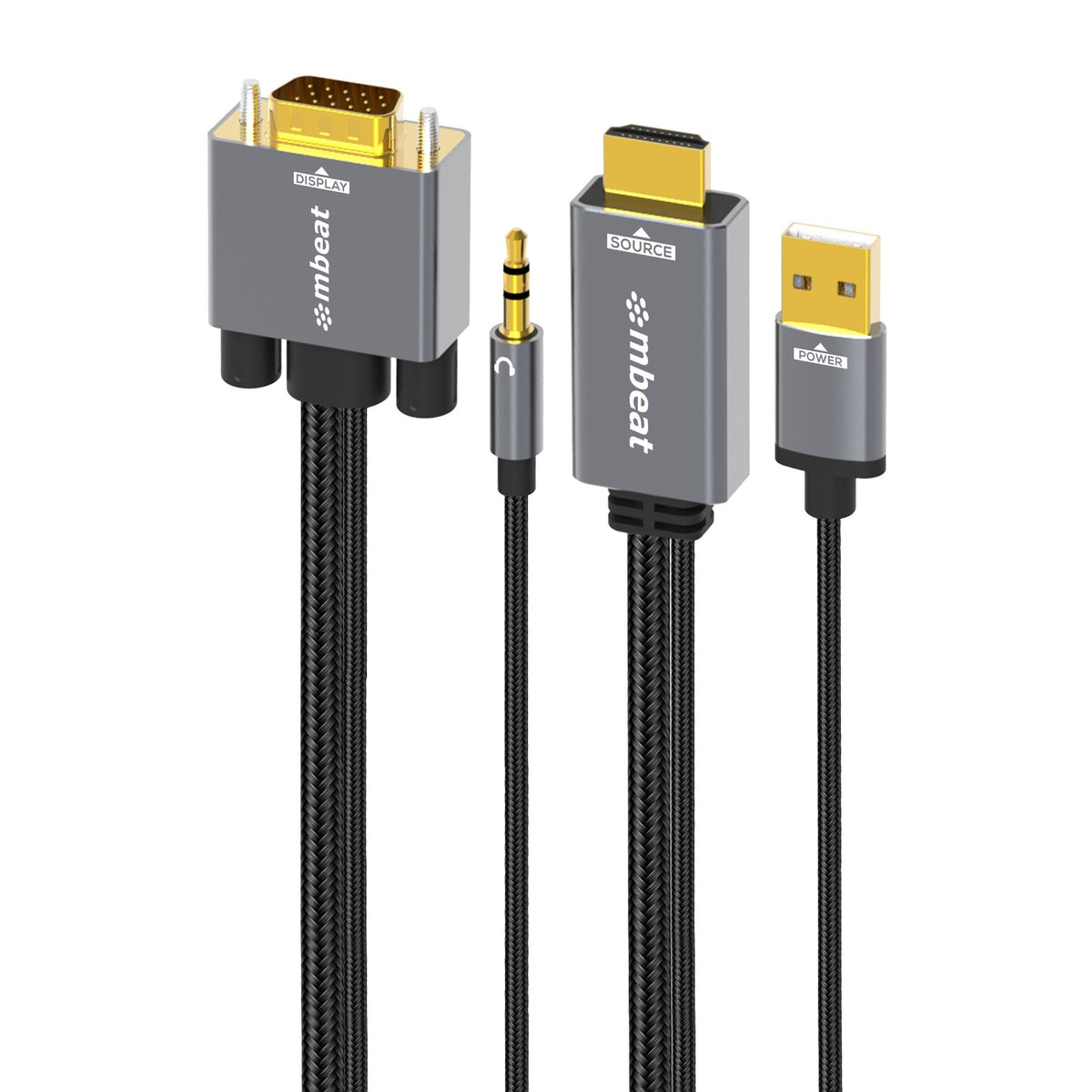 mbeat® Tough Link 1.8m HDMI to VGA Cable with USB Power & 3.5mm Audio Up to 1080p@60Hz (1920×1080) HDMI (Male)×1; USB-A (Connect to Power)×1 - Image 1