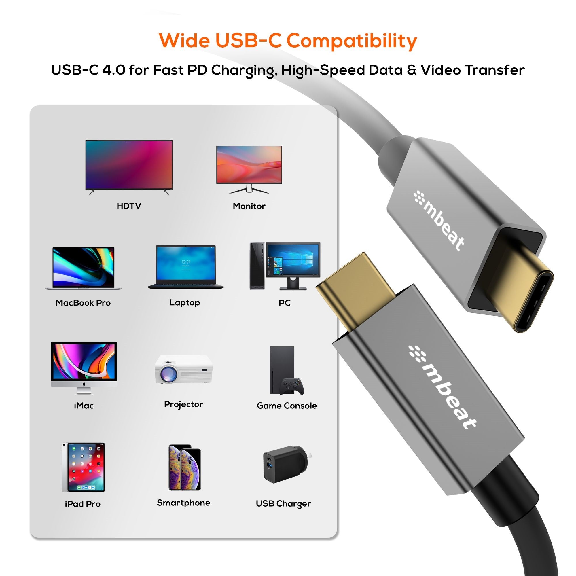 mbeat® Tough Link 1m USB 4.0 USB-C Cable - Space Grey Video Resolution: Maximum 8K/60Hz Package Weight: 85g USB-C 4.0 Product Weight: 60g - Image 3