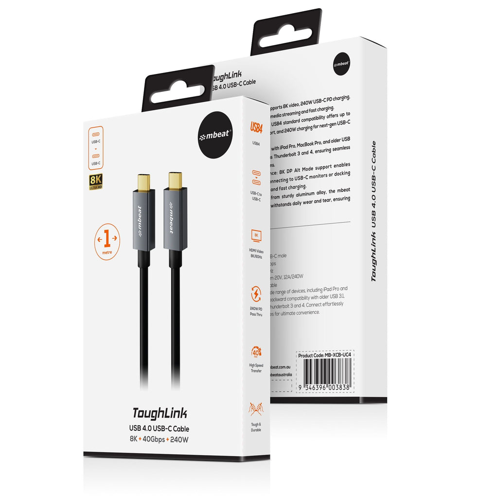 mbeat® Tough Link 1m USB 4.0 USB-C Cable - Space Grey Video Resolution: Maximum 8K/60Hz Package Weight: 85g USB-C 4.0 Product Weight: 60g - Image 4