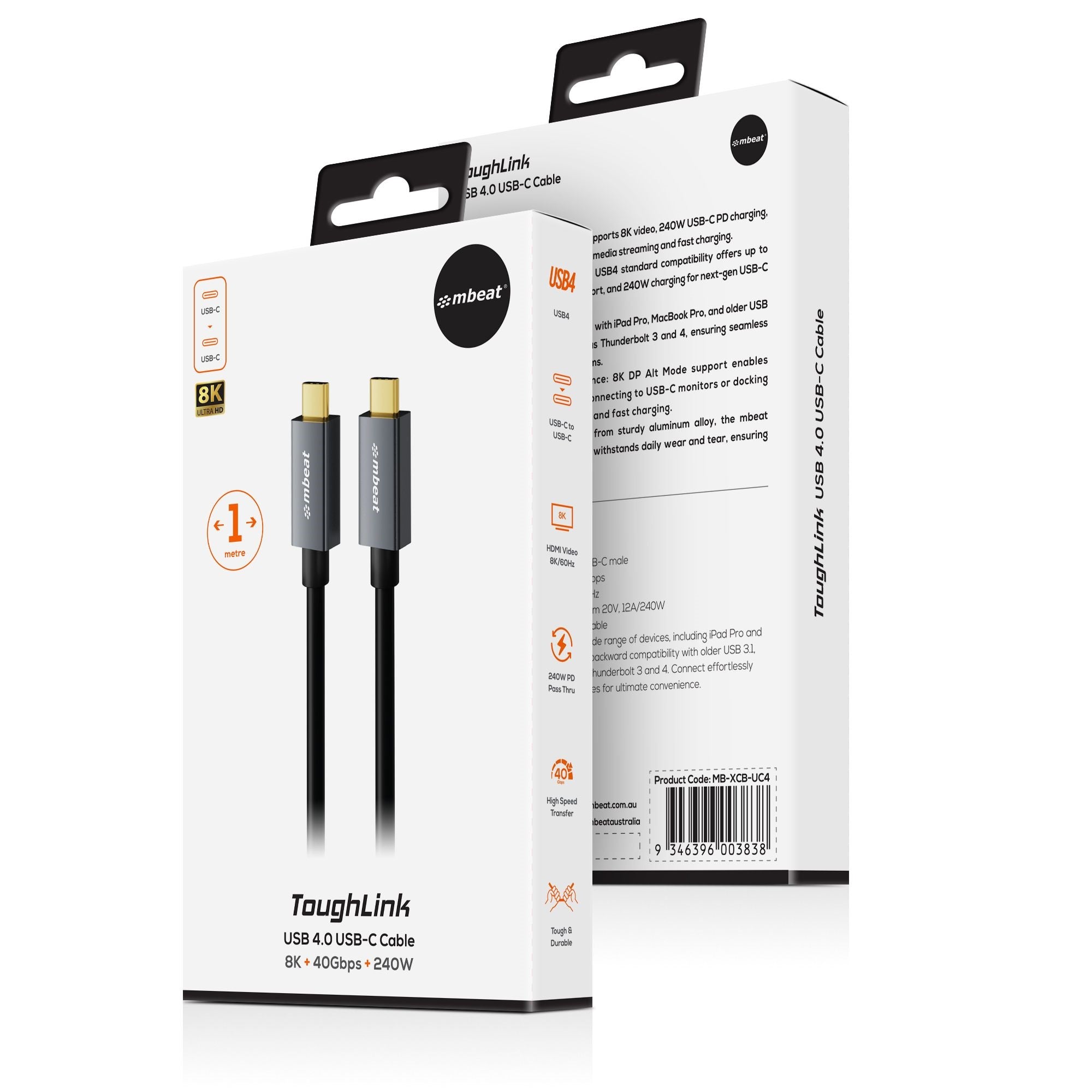 mbeat® Tough Link 1m USB 4.0 USB-C Cable - Space Grey Video Resolution: Maximum 8K/60Hz Package Weight: 85g USB-C 4.0 Product Weight: 60g - Image 4