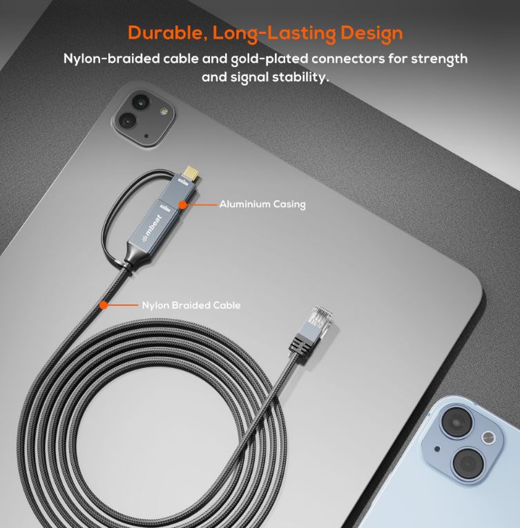 (LS) mbeat® Tough Link 3m USB & USB-C to RJ45 Ethernet Cable - Space Grey - Image 2