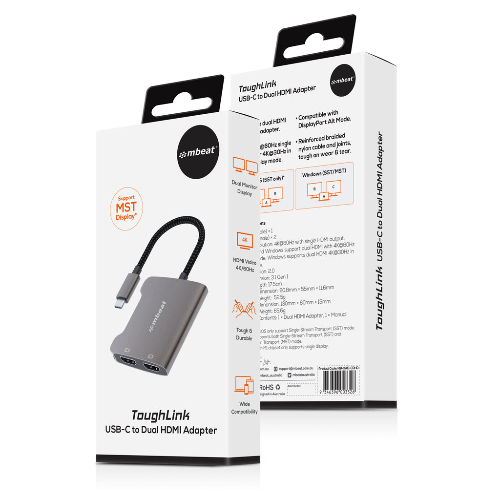mbeat® Tough Link USB-C to Dual 4K HDMI Adapter DisplayPort Alt Mode HDMI USB-C Cable Legnth 17.5cm - Space Grey - Image 4