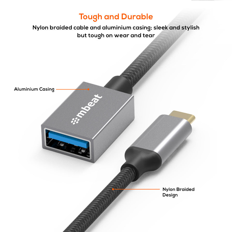 mbeat® Tough Link USB-C to USB 3.0 Adapter with Cable - Space Grey Package Weight: 25g Cable Length: 15cm - Image 3
