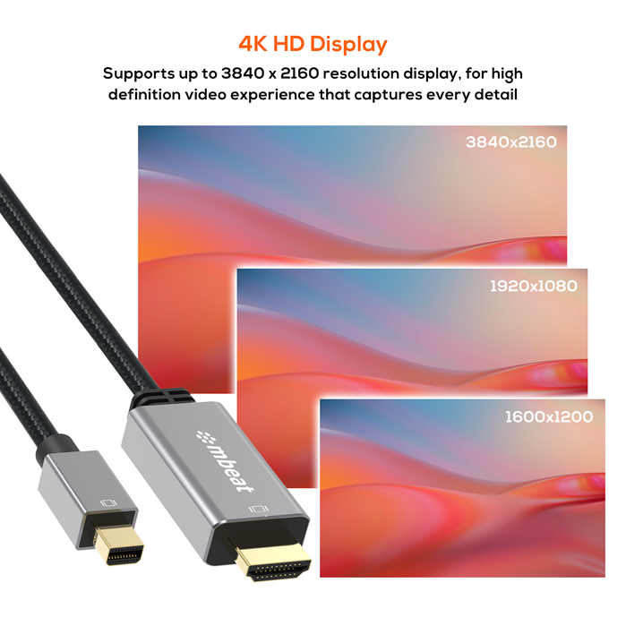 (LS) mbeat® Tough Link 1.8m Mini DisplayPort to HDMI Cable - Space Grey Package Weight: 100g HDMI Cable Mini Displayport  Package Weight: 100g - Image 2