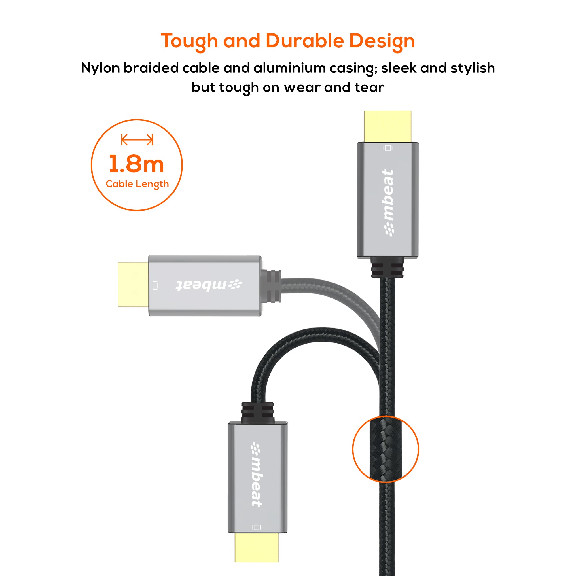 (LS) mbeat® Tough Link 1.8m Mini DisplayPort to HDMI Cable - Space Grey Package Weight: 100g HDMI Cable Mini Displayport  Package Weight: 100g - Image 3