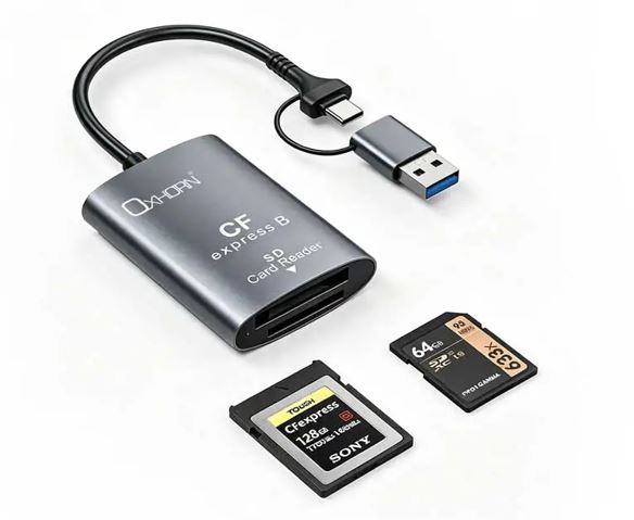 Oxhorn USB 3.2 Gen 2 10Gbps CF Express B and SD Card-reader Aluminum USB-C 3.2 USB-A 3.2 lightweight Plug-and-play Silver - Image 1