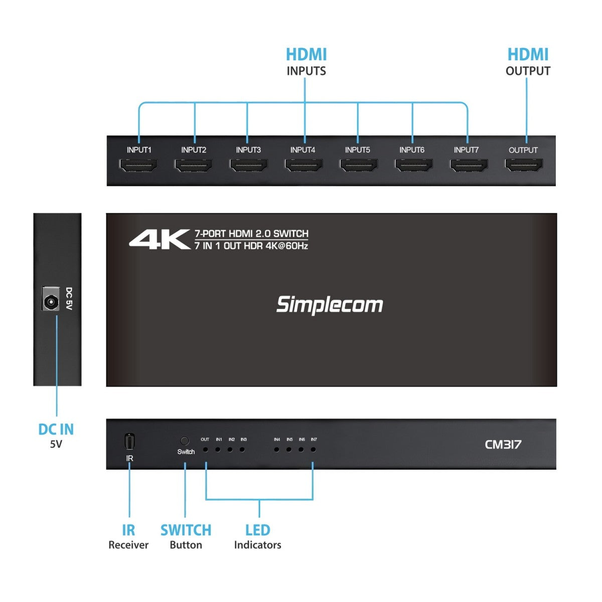 Simplecom CM317 7-Port HDMI 2.0 Switch with Remote 7 IN 1 OUT Splitter HDCP 2.2 4K@60Hz - Image 3