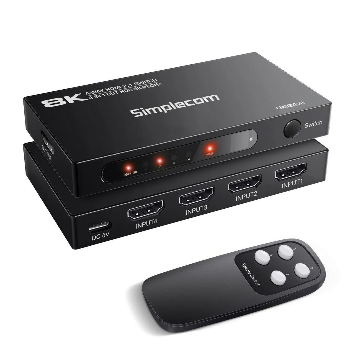 Simplecom CM324v2 4-Port HDMI 2.1 Switch 4 IN 1 OUT Splitter HDCP 2.3 8K@60Hz - Image 1