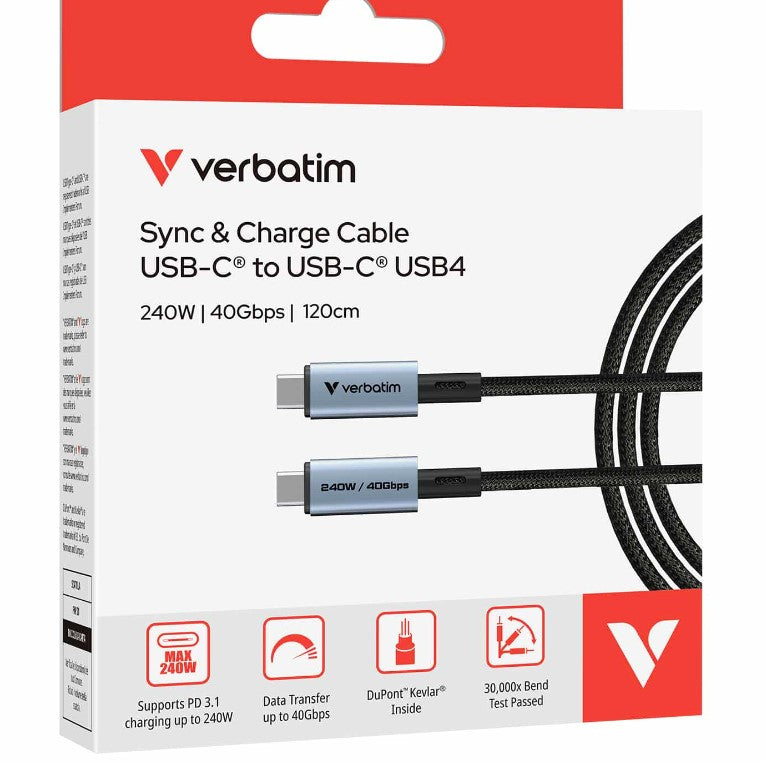 Verbatim Sync & Charge USB-C to USB-C USB4 Cable, 240W PD 3.1, 40Gbps data transfer, Kevlar core, 30,000 bend tested, 120cm - Image 2