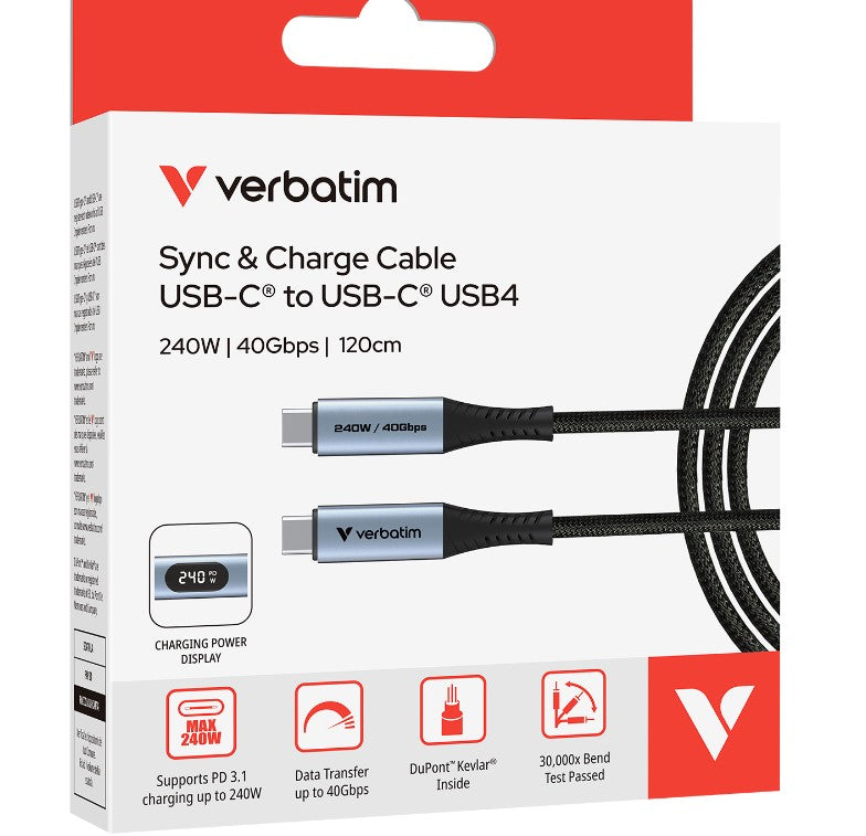 Verbatim Sync & Charge USB-C to USB-C USB4 Cable, 240W PD 3.1, 40Gbps data, LED power display, Kevlar core, 30,000 bend tested, 120cm - Image 2