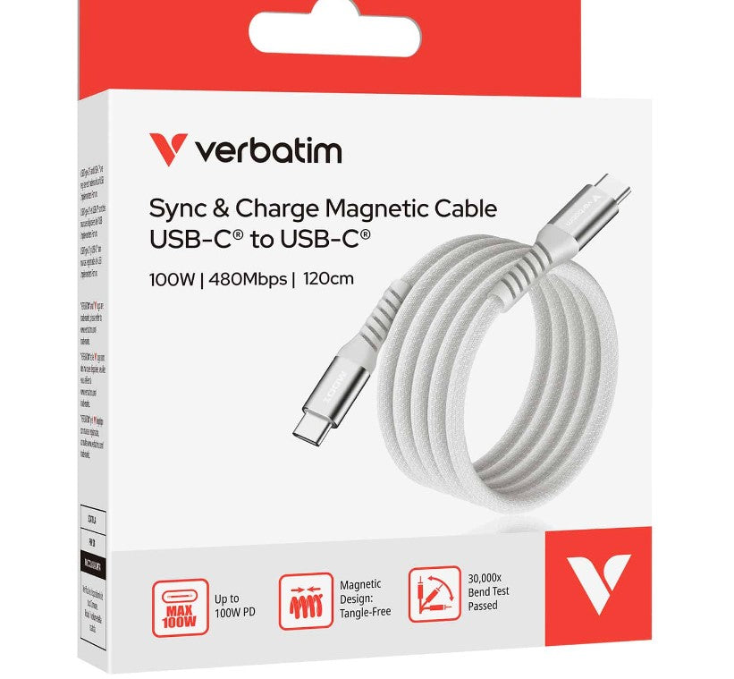 Verbatim Sync & Charge USB C to USB C 100W Magnetic 120 cm - Grey - Image 1