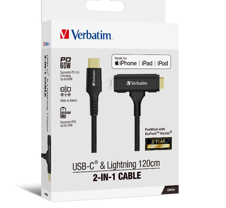 Verbatim 2-in-1 Cable Type C to C & Lightning Kevlar Slide 120cm -BLK - Image 2
