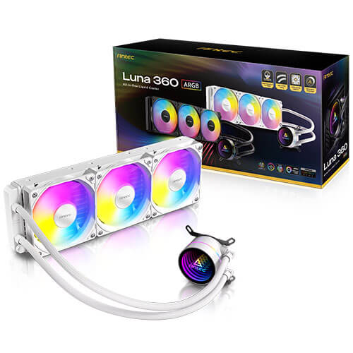 Antec Luna 360 ARGB White, 360mm AIO, 3x120mm ARGB PWM Fans, 800-1800RPM, 67.62CFM, Intel LGA1700/1851, AMD AM4/AM5, 2Y Warranty - Image 1