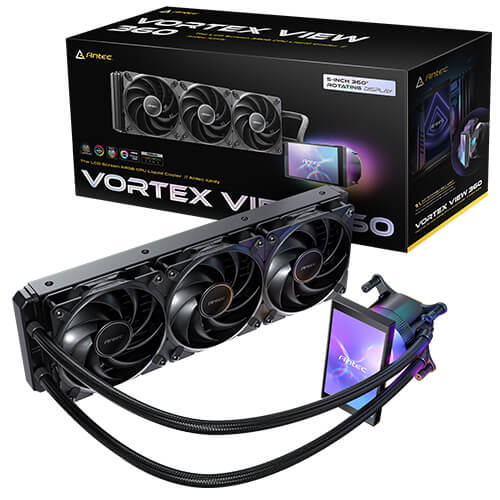 Antec Vortex View 360, 360mm AIO, Intel LGA115X/1200/1700/1851, AMD AM4/AM5, 3x120mm PWM fans, 2000 RPM, 59.23 CFM, ≤28.6 dB(A), aluminum rad - Image 1