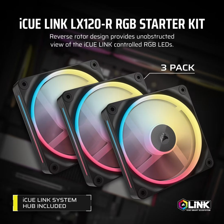 Corsair iCUE LINK LX120-R RGB 120mm PWM Reverse Fans Starter Kit Triple Pack - Black: 66.7CFM, 2400RPM, 37.7dBA, 0.4A, Static Pressure, Magnetic Dome - Image 4