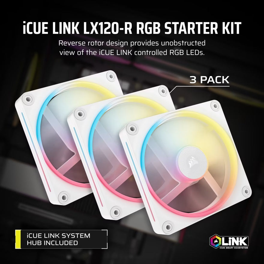 Corsair iCUE LINK LX120-R RGB 120mm PWM Reverse Fans Starter Kit Triple Pack - White: 66.7CFM, 2400RPM, 37.7dBA, 0.4A, Static Pressure, Magnetic Dome - Image 4