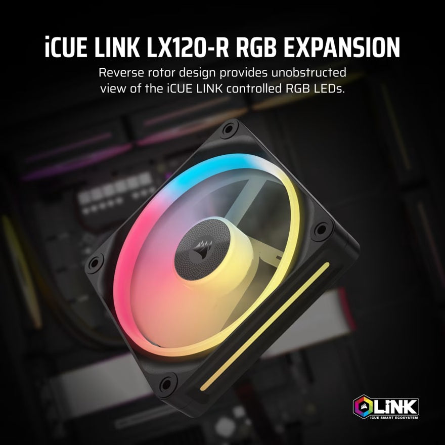 Corsair iCUE LINK LX120‑R RGB 120 mm PWM Reverse Fan Expansion Single Pack – Black: 66.7 CFM, 2400 RPM, 37.7 dBA, 0.4 A,Static Pressure, Magnetic Dome - Image 4
