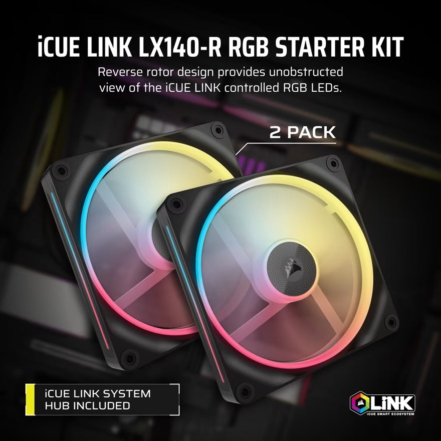Corsair iCUE LINK LX140-R RGB 140mm PWM Reverse Fans Starter Kit Dual Pack -Black: 90.6 CFM, 2000 RPM, 38.3 dBA, 0.45A, Static Pressure, Magnetic Dome - Image 4