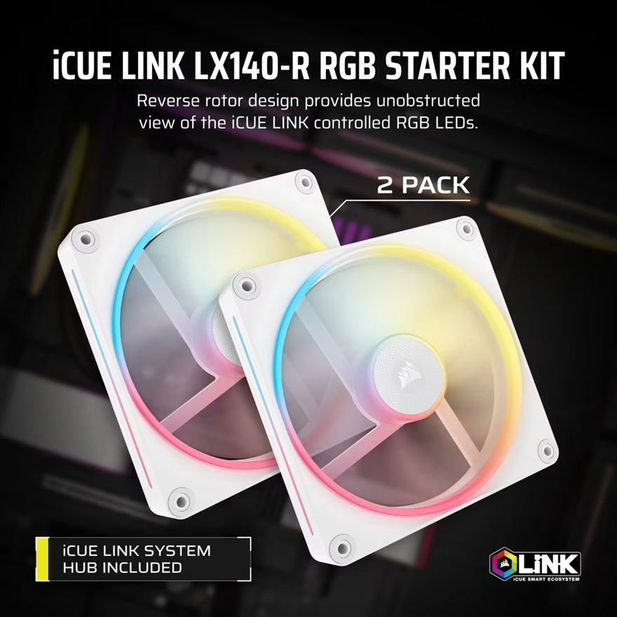 Corsair iCUE LINK LX140-R RGB 140mm PWM Reverse Fans Starter Kit Dual Pack -White: 90.6 CFM, 2000 RPM, 38.3 dBA, 0.45A, Static Pressure, Magnetic Dome - Image 4