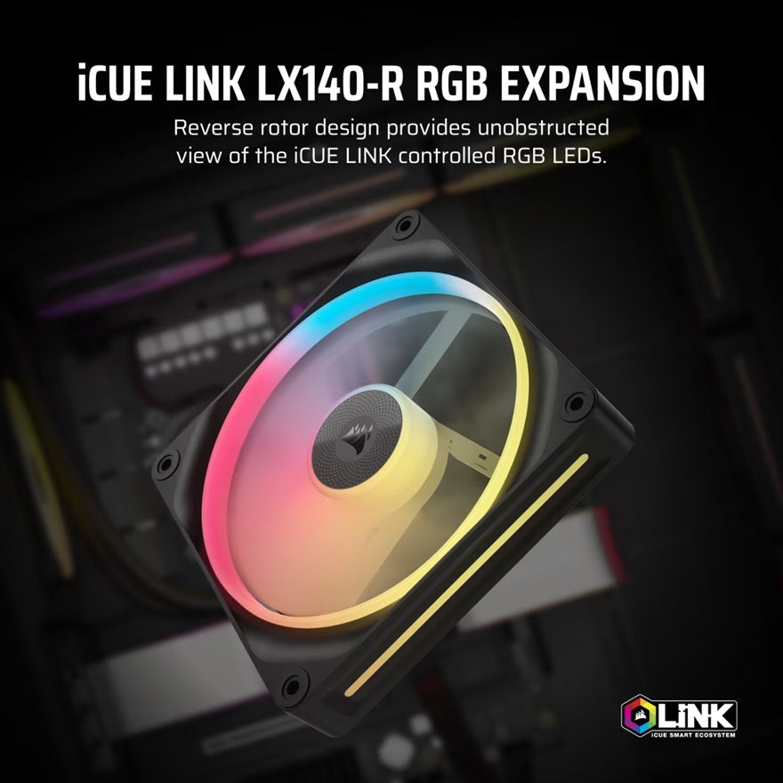 Corsair iCUE LINK LX140-R RGB 140mm PWM Reverse Fan Expansion Single Pack - Black: 90.6 CFM, 2000 RPM, 38.3 dBA, 0.45A, Static Pressure, Magnetic Dome - Image 4