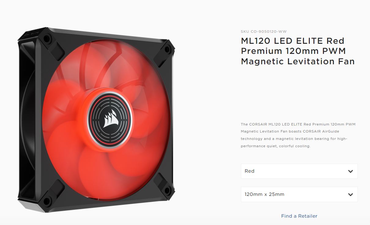 Corsair ML ELITE Series, ML120 LED ELITE, 120mm Magnetic Levitation Red LED Fan with AirGuide, Single Pack (LS) - Image 1