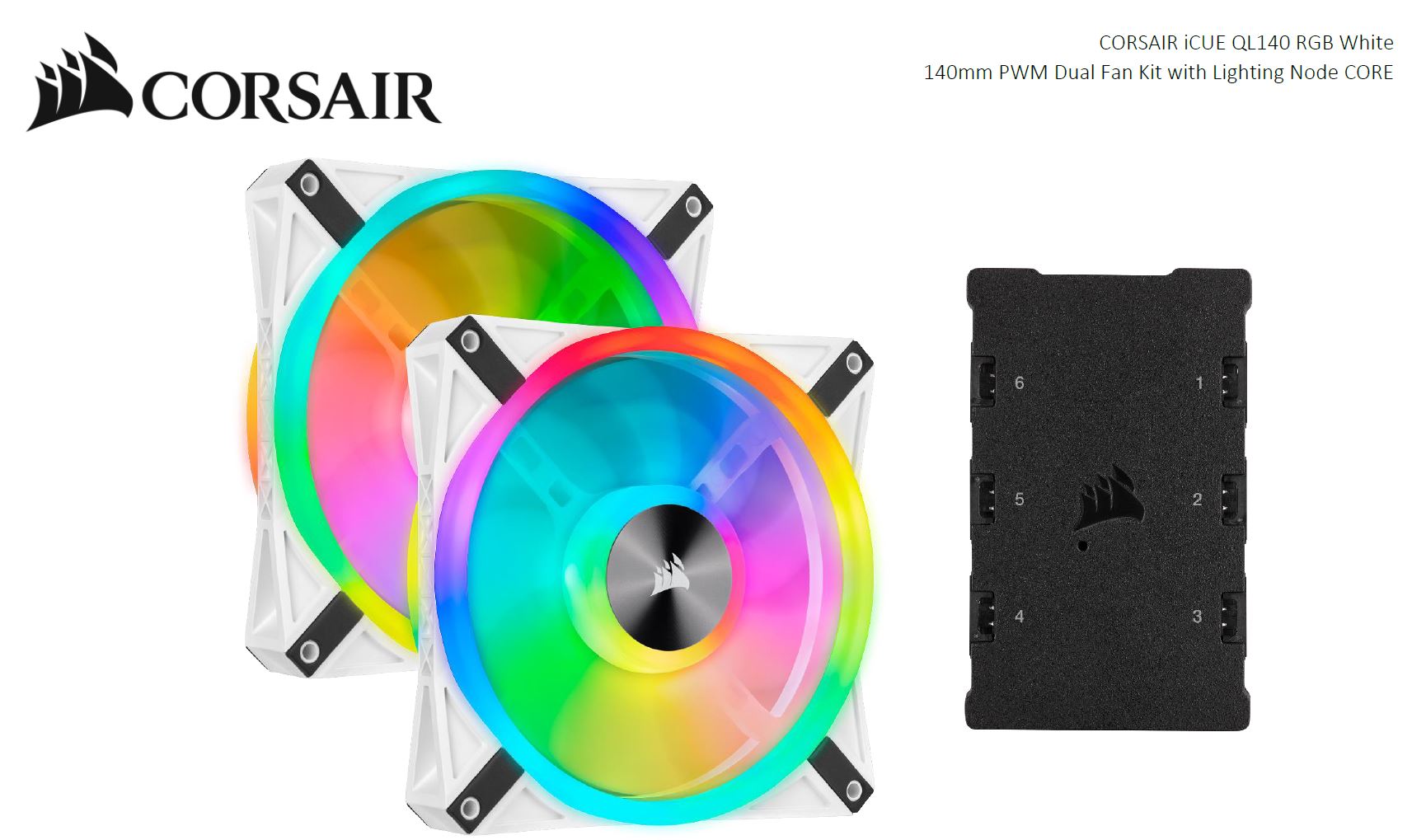 Corsair QL140 RGB White Dual Fan Kit with Lighting Node Core, ICUE, 140mm RGB LED PWM Fan 26dBA, 50.2 CFM, 2 Fan Pack - Image 5
