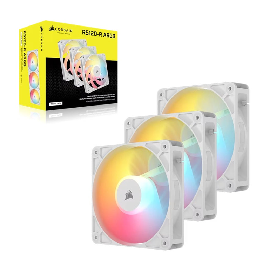 Corsair RS120-R ARGB 120mm PWM Reverse Fans Triple Pack - White, 3x RGB Fans, 2100 RPM, 65.82 CFM, Static Pressure, Magnetic Dome Bearing, PWM Control - Image 1