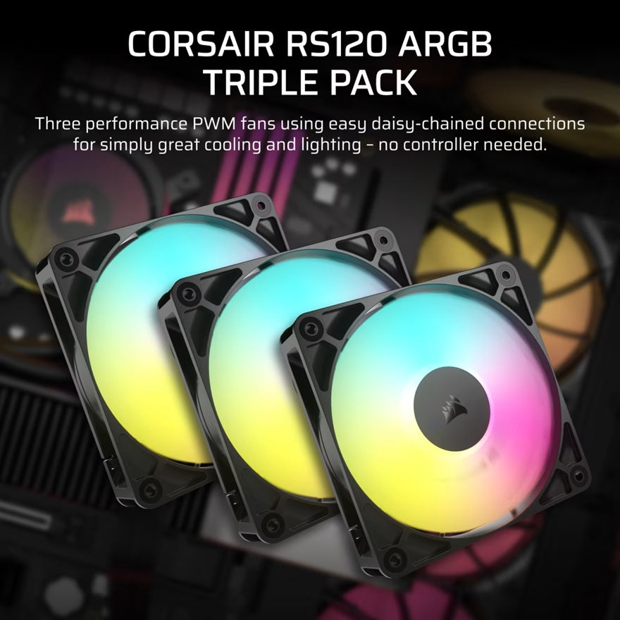 Corsair RS120 ARGB 120mm PWM Fans - Triple Pack - Black: 72.8 CFM, 2100 RPM, 36 dBA, 0.4A, RGB lighting, Static Pressure, Magnetic Dome Bearing - Image 4