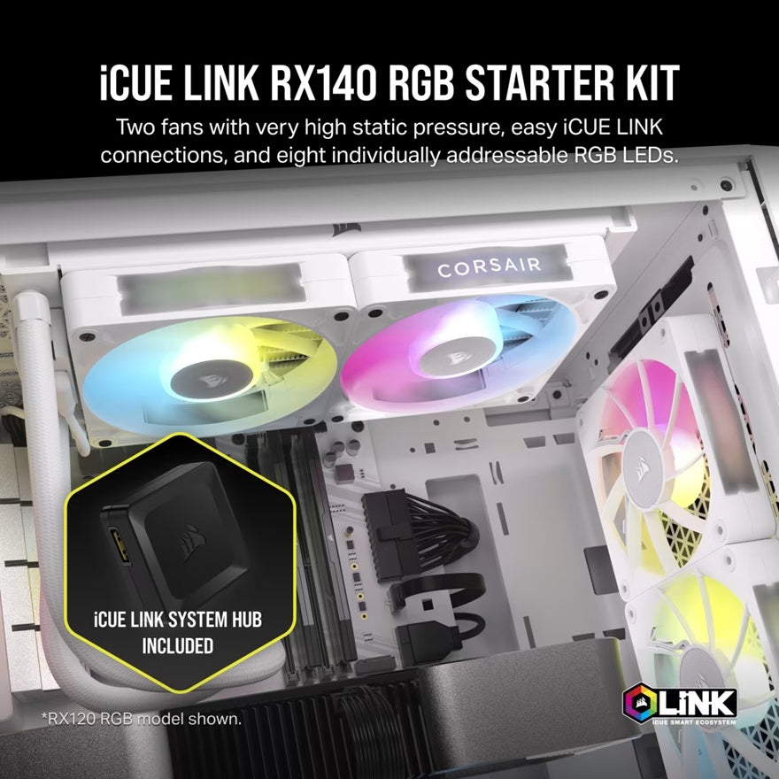Corsair RX140 RGB White ICUE Link 140mm PWM Dual Fan Kit. 2x Fans, Connectors. 1 x ICUE Link Hub, 60mm Cable 90 Degress, Link Cab. - Image 3