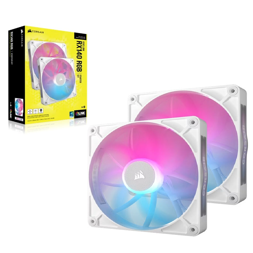 Corsair RX140 RGB White ICUE Link 140mm PWM Dual Fan Kit. 2x Fans, Connectors. 1 x ICUE Link Hub, 60mm Cable 90 Degress, Link Cab. - Image 5