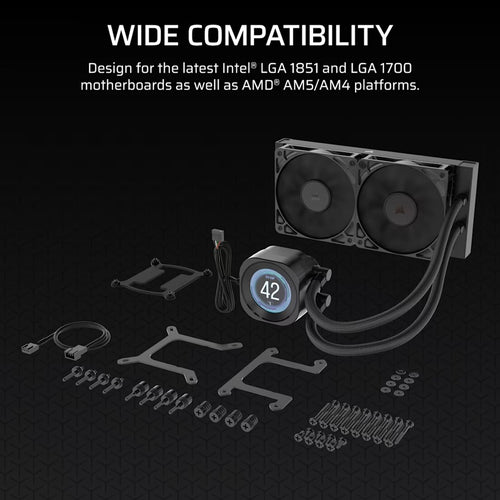 Corsair NAUTILUS 240 RS LCD Liquid CPU Cooler - Black, 240mm rad, LCD pump, 2x PWM fans, 2100 RPM, AM5/LGA1851, copper plate, 400mm tube, 36dBA - Image 2