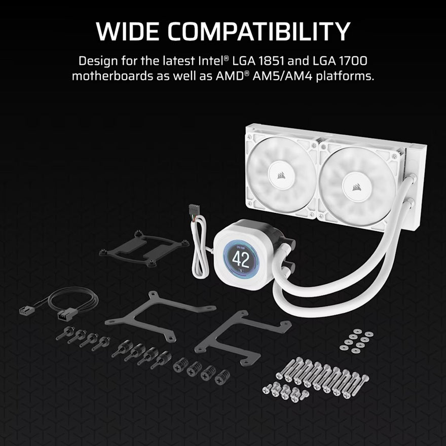Corsair NAUTILUS 240 RS LCD Liquid CPU Cooler - White, 240mm rad, LCD pump, 2x PWM fans, 2100 RPM, AM5/LGA1851, copper plate, 400mm tube, 36dBA - Image 2