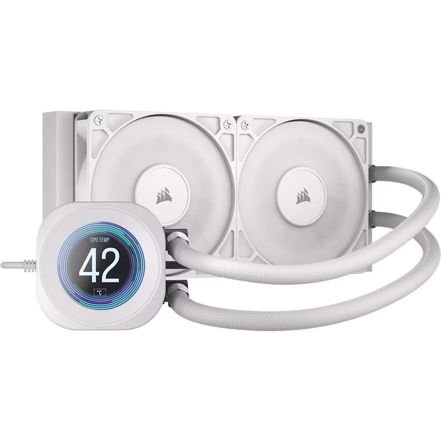 Corsair NAUTILUS 240 RS LCD Liquid CPU Cooler - White, 240mm rad, LCD pump, 2x PWM fans, 2100 RPM, AM5/LGA1851, copper plate, 400mm tube, 36dBA - Image 4