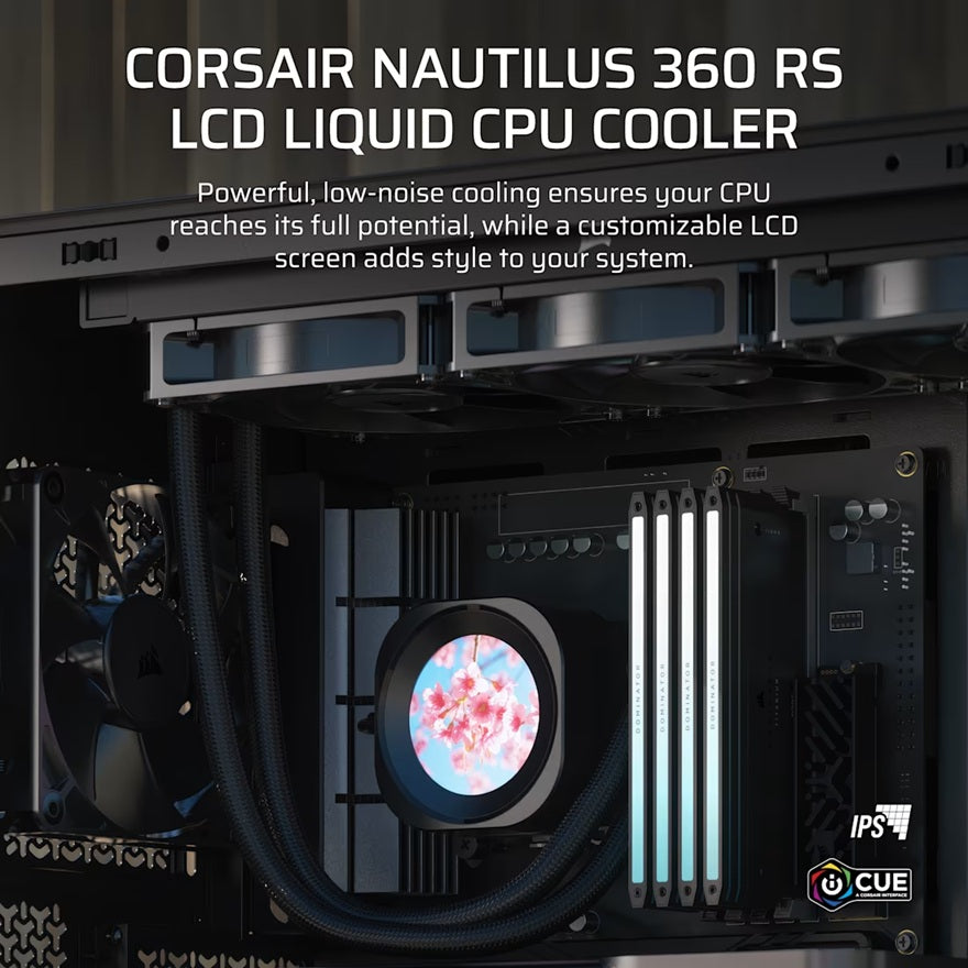 Corsair NAUTILUS 360 RS LCD Liquid CPU Cooler - Black, 360mm rad, LCD pump, 3x PWM fans, 2100 RPM, AM5/LGA1851, copper plate, 450mm Tube, 36dBA - Image 4