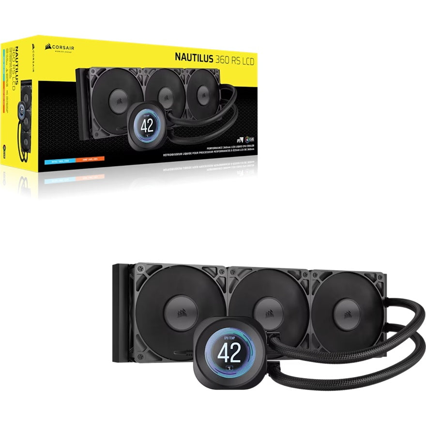 Corsair NAUTILUS 360 RS LCD Liquid CPU Cooler - Black, 360mm rad, LCD pump, 3x PWM fans, 2100 RPM, AM5/LGA1851, copper plate, 450mm Tube, 36dBA - Image 1