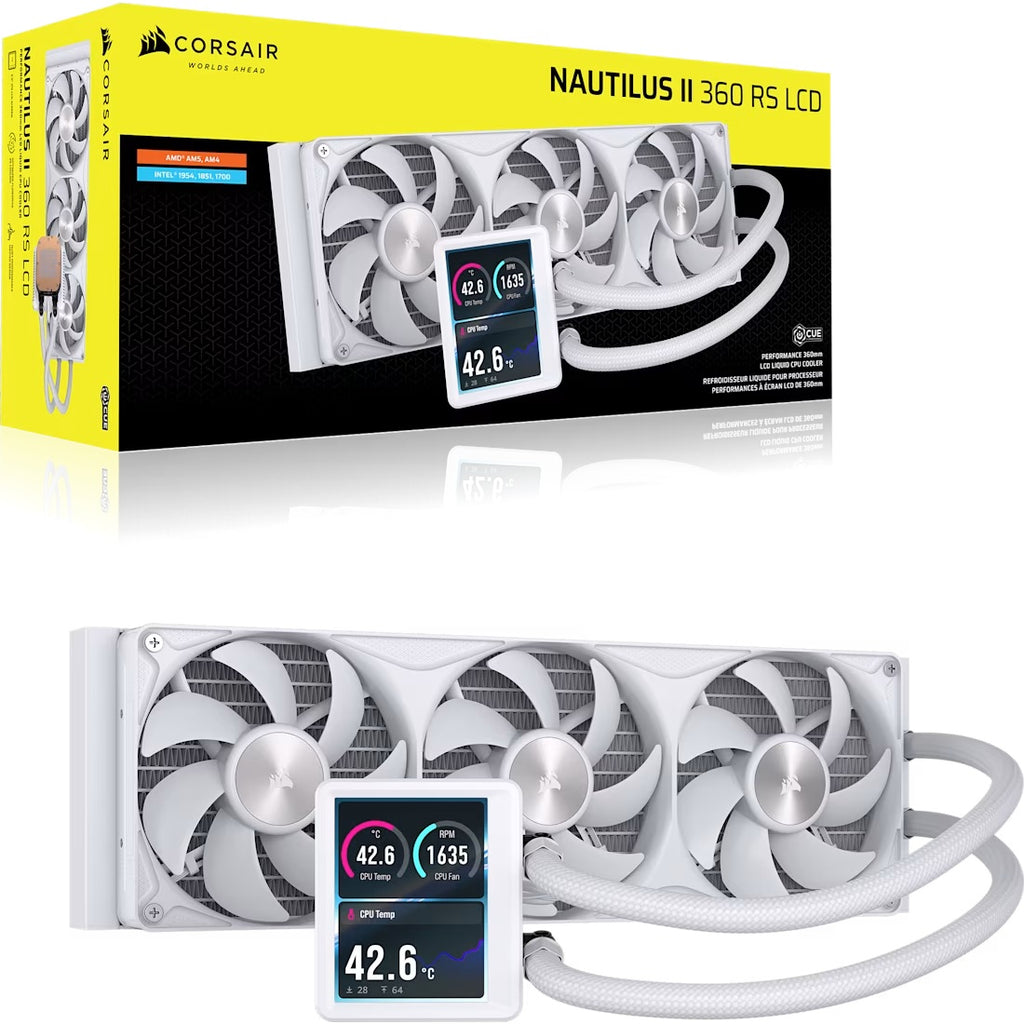 Corsair NAUTILUS II 360 RS LCD Liquid CPU Cooler - White, 360mm Rad, 3.5" LCD, FlowDrive 2S Pump, 420–2100 RPM, PWM, AM5/AM4 and LGA 1851/1700 Support - Image 1