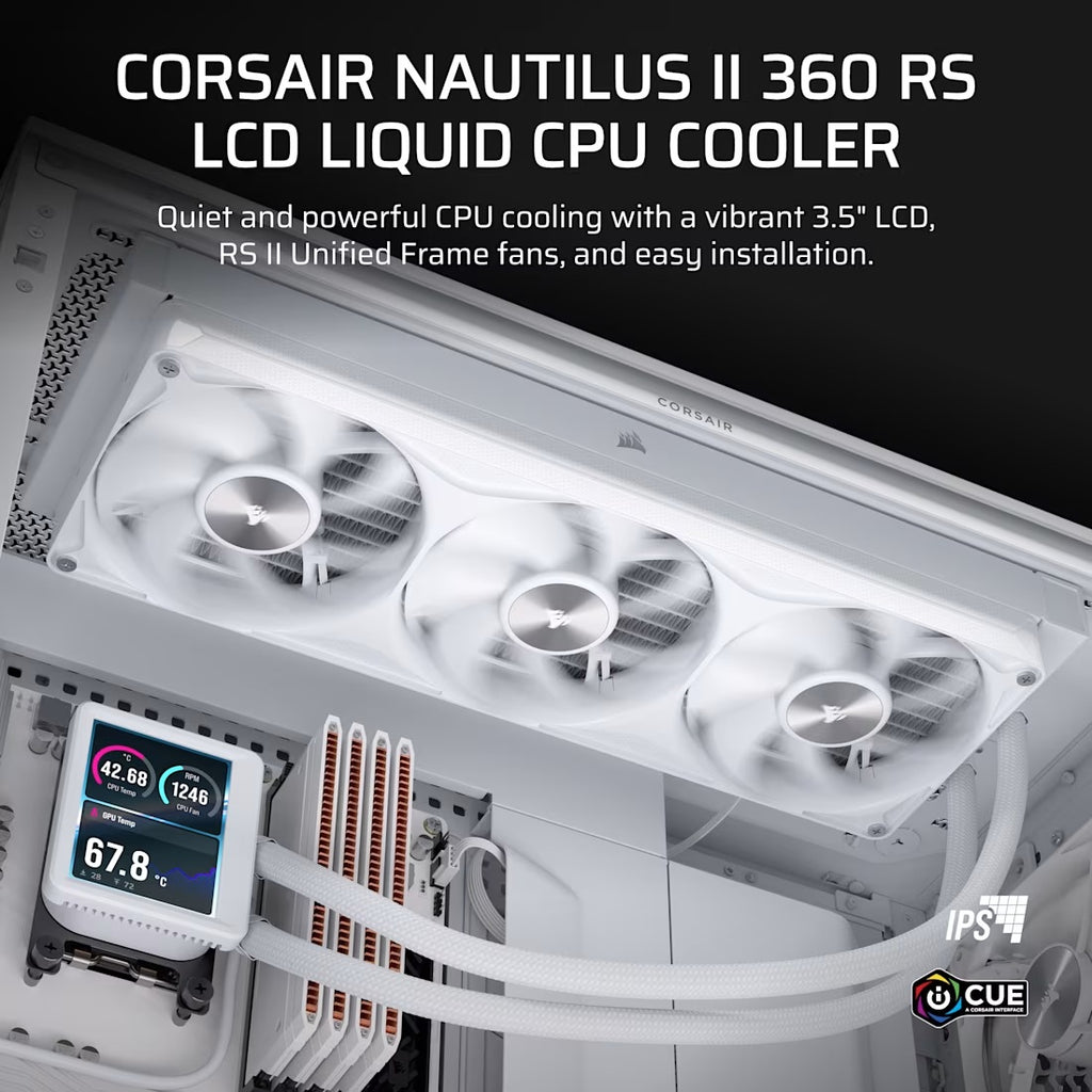 Corsair NAUTILUS II 360 RS LCD Liquid CPU Cooler - White, 360mm Rad, 3.5" LCD, FlowDrive 2S Pump, 420–2100 RPM, PWM, AM5/AM4 and LGA 1851/1700 Support - Image 4